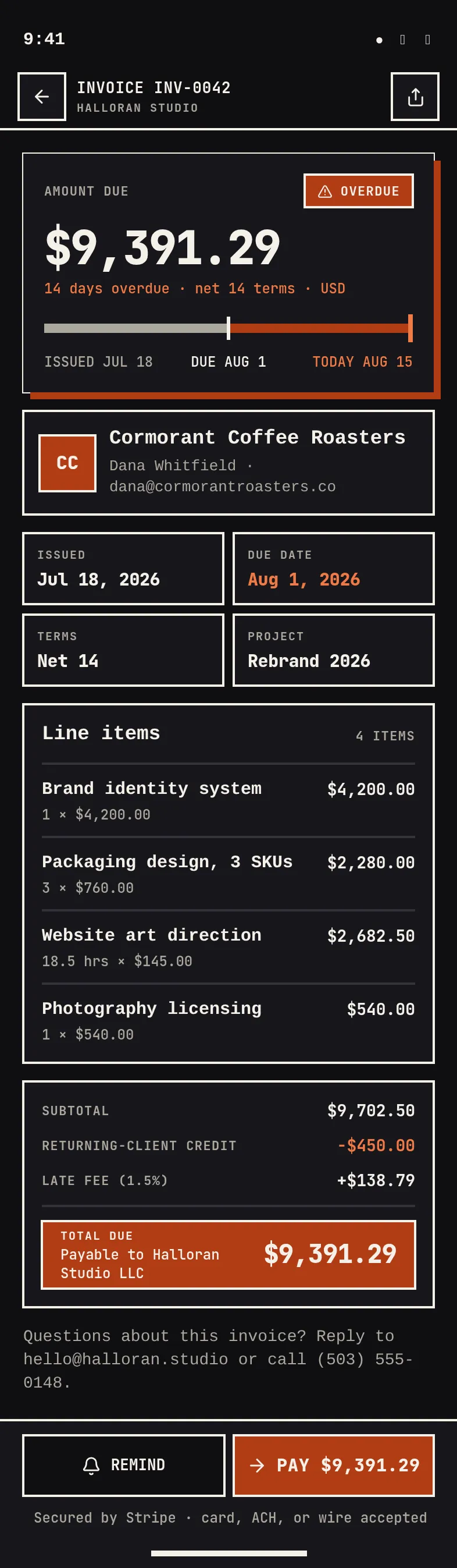 Halloran Studio Invoice INV-0042 — .gui preview