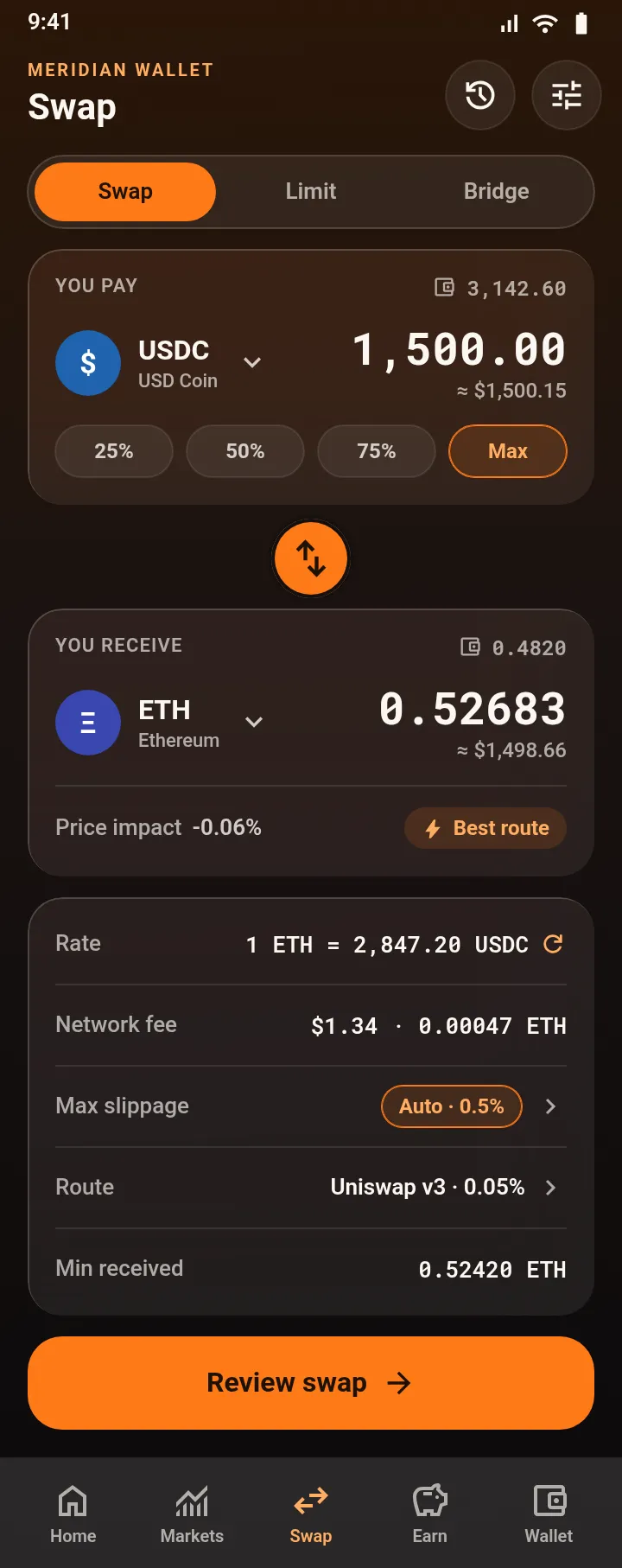 Meridian Wallet — Swap USDC to ETH — .gui preview