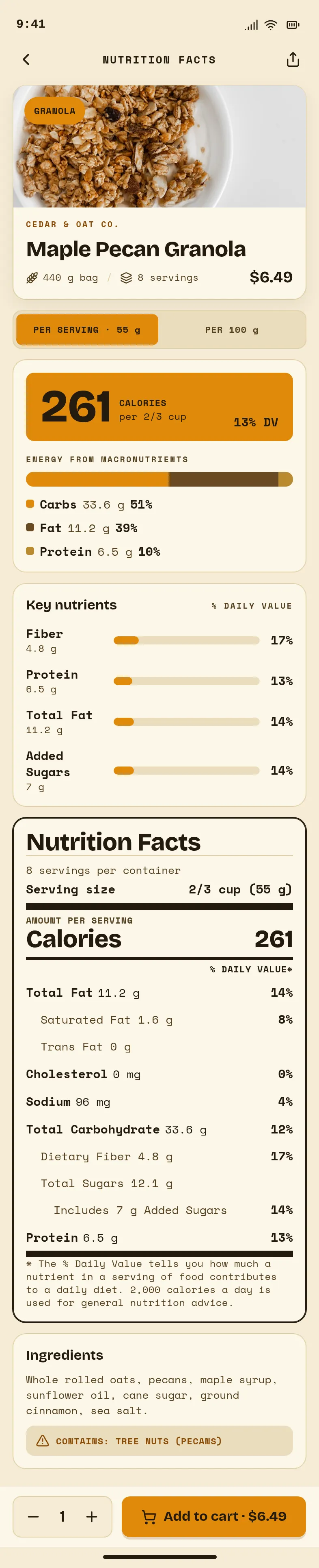 Cedar & Oat Co. — Maple Pecan Granola Nutrition — .gui preview