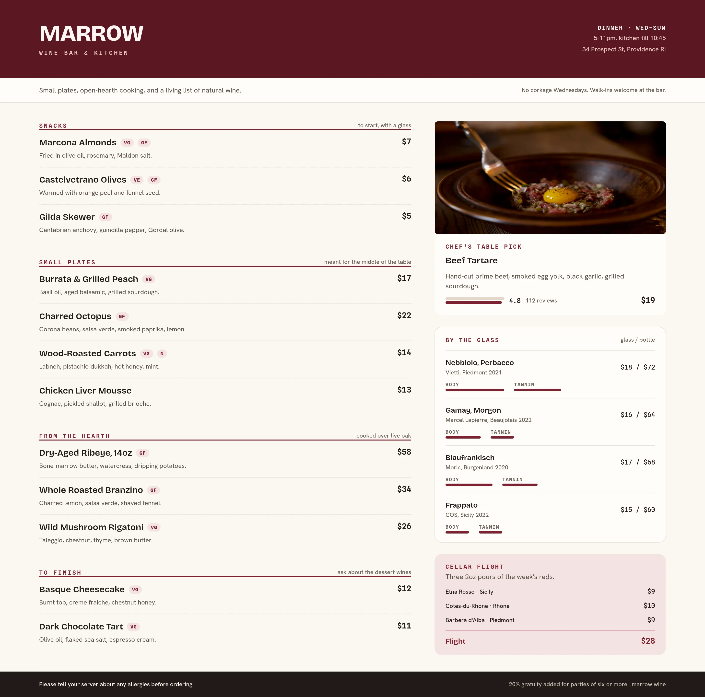 Marrow Wine Bar & Kitchen, Dinner Menu — .gui preview